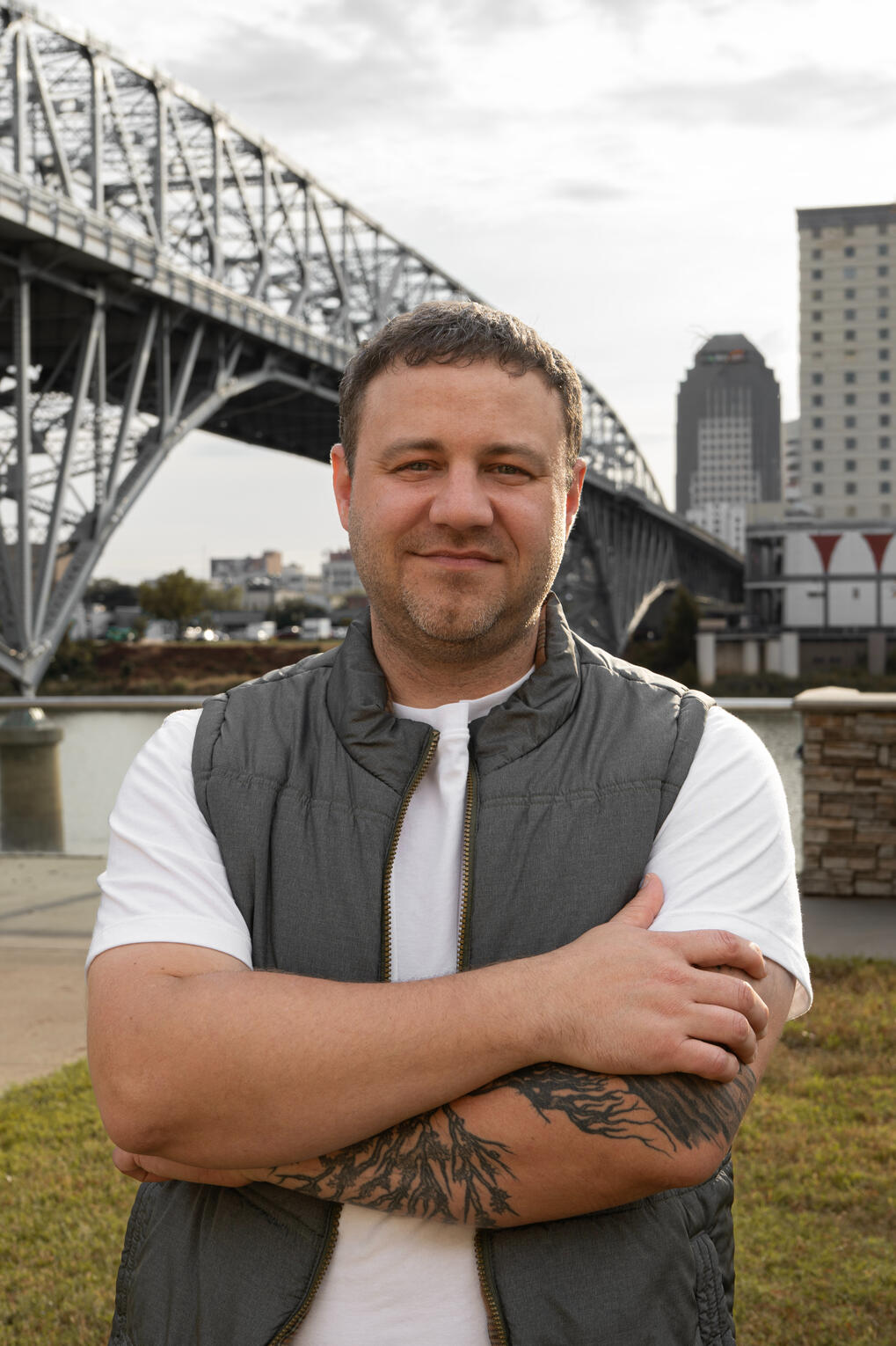 Matt Gromlich in front of Shreveport's bridge.